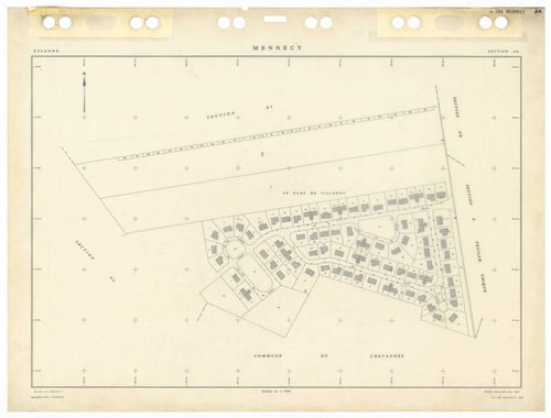 MENNECY, plans minutes de conservation : tableau d'assemblage,1936, Ech. 1/5000 ; plans des sections A1, 1936, Ech. 1/2500, section A3, 1936, 1/1250, section ZU, 1953, Ech. 1/2000, section ZA, 1961, Ech. 1/2500, sections ZB, ZC, ZD, 1964, Ech. 1/2000, sec