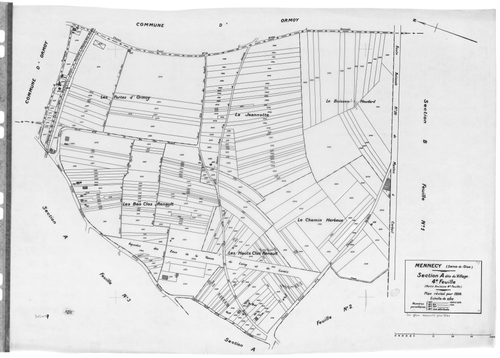 MENNECY. - Cadastre révisé pour 1936 : plans de la section A le Village 2ème feuille, idem 3ème feuille, idem 4ème feuille, section B la Verville 1ère feuille, section C le Bois Notre Dame 2ème feuille ; cadastre révisé pour 1936 renouvelé pour 1940 : pla