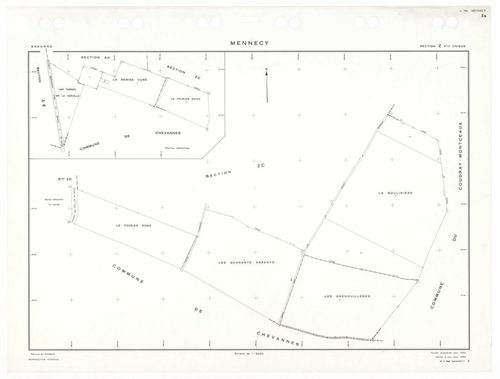 MENNECY, plans minutes de conservation : tableau d'assemblage,1936, Ech. 1/5000 ; plans des sections A1, 1936, Ech. 1/2500, section A3, 1936, 1/1250, section ZU, 1953, Ech. 1/2000, section ZA, 1961, Ech. 1/2500, sections ZB, ZC, ZD, 1964, Ech. 1/2000, sec