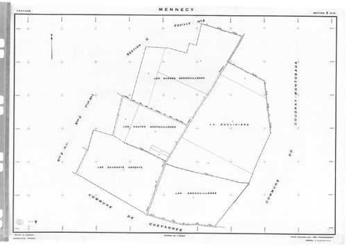 MENNECY. - Cadastre révisé pour 1936 : plans de la section A le Village 2ème feuille, idem 3ème feuille, idem 4ème feuille, section B la Verville 1ère feuille, section C le Bois Notre Dame 2ème feuille ; cadastre révisé pour 1936 renouvelé pour 1940 : pla