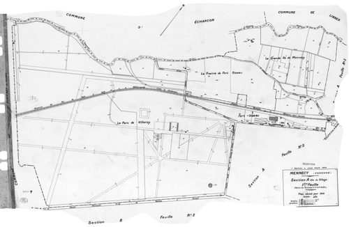 MENNECY. - Cadastre révisé pour 1936 : plans de la section A le Village 2ème feuille, idem 3ème feuille, idem 4ème feuille, section B la Verville 1ère feuille, section C le Bois Notre Dame 2ème feuille ; cadastre révisé pour 1936 renouvelé pour 1940 : pla