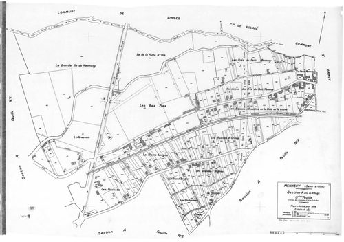 MENNECY. - Cadastre révisé pour 1936 : plans de la section A le Village 2ème feuille, idem 3ème feuille, idem 4ème feuille, section B la Verville 1ère feuille, section C le Bois Notre Dame 2ème feuille ; cadastre révisé pour 1936 renouvelé pour 1940 : pla