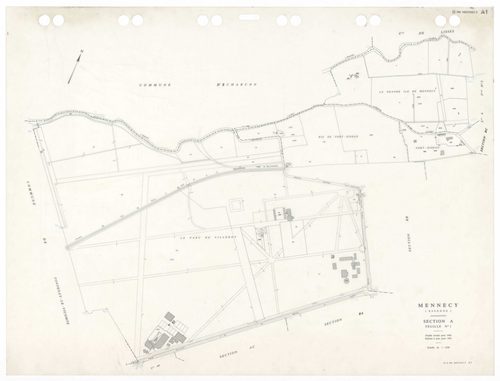 MENNECY, plans minutes de conservation : tableau d'assemblage,1936, Ech. 1/5000 ; plans des sections A1, 1936, Ech. 1/2500, section A3, 1936, 1/1250, section ZU, 1953, Ech. 1/2000, section ZA, 1961, Ech. 1/2500, sections ZB, ZC, ZD, 1964, Ech. 1/2000, sec
