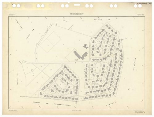 MENNECY, plans minutes de conservation : tableau d'assemblage,1936, Ech. 1/5000 ; plans des sections A1, 1936, Ech. 1/2500, section A3, 1936, 1/1250, section ZU, 1953, Ech. 1/2000, section ZA, 1961, Ech. 1/2500, sections ZB, ZC, ZD, 1964, Ech. 1/2000, sec