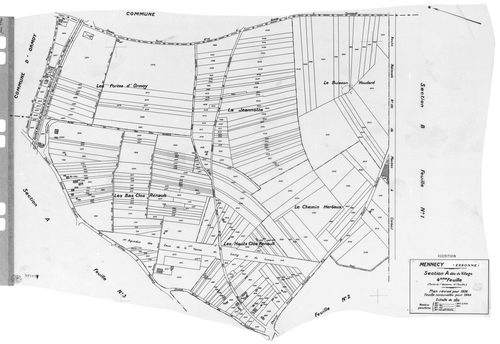 MENNECY. - Cadastre révisé pour 1936 : plans de la section A le Village 2ème feuille, idem 3ème feuille, idem 4ème feuille, section B la Verville 1ère feuille, section C le Bois Notre Dame 2ème feuille ; cadastre révisé pour 1936 renouvelé pour 1940 : pla
