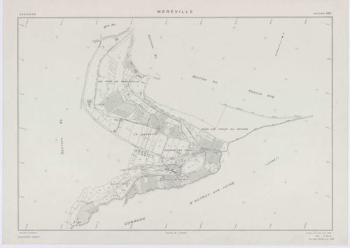 MEREVILLE, plans minutes de conservation : tableau d'assemblage, 1962, Ech. 1/10000 ; plans des sections B1, B2, C, D, AB, AC, AD, AE, AH, AI, AK, AN, 1962, Ech. 1/1000, sections AL, AM, XC1, XC2, ZJ, ZK, ZL, ZM, ZN, ZO, ZP, ZQ, ZR, ZS, ZT, ZU, ZV, ZW, ZX