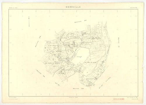 Plans minutes de conservation : MEREVILLE : tableau d'assemblage, ech. 1/10000 (1962), sections B1, B2, C, D, AB, AC, AD, AE, AH, AI, AK, ech. 1/1000 (1962), sections AL, AM, AN, XC1, XC2, ZM, ZU, ZV, ZW, ZX, ZZ, ech. 1/2000 (1962), sections ZJ, ZK, ZL, Z