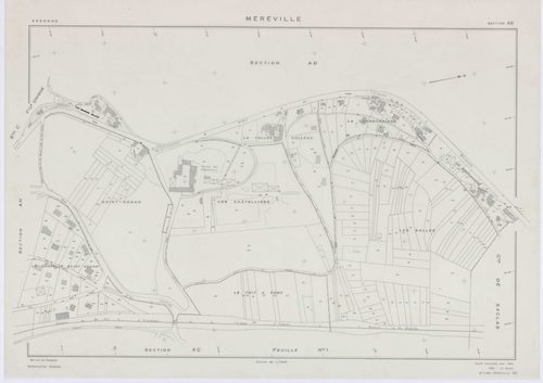 MEREVILLE, plans minutes de conservation : tableau d'assemblage, 1962, Ech. 1/10000 ; plans des sections B1, B2, C, D, AB, AC, AD, AE, AH, AI, AK, AN, 1962, Ech. 1/1000, sections AL, AM, XC1, XC2, ZJ, ZK, ZL, ZM, ZN, ZO, ZP, ZQ, ZR, ZS, ZT, ZU, ZV, ZW, ZX
