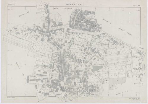 MEREVILLE, plans minutes de conservation : tableau d'assemblage, 1962, Ech. 1/10000 ; plans des sections B1, B2, C, D, AB, AC, AD, AE, AH, AI, AK, AN, 1962, Ech. 1/1000, sections AL, AM, XC1, XC2, ZJ, ZK, ZL, ZM, ZN, ZO, ZP, ZQ, ZR, ZS, ZT, ZU, ZV, ZW, ZX