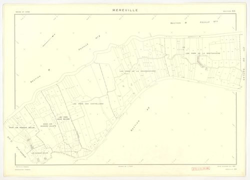Plans minutes de conservation : MEREVILLE : tableau d'assemblage, ech. 1/10000 (1962), sections B1, B2, C, D, AB, AC, AD, AE, AH, AI, AK, ech. 1/1000 (1962), sections AL, AM, AN, XC1, XC2, ZM, ZU, ZV, ZW, ZX, ZZ, ech. 1/2000 (1962), sections ZJ, ZK, ZL, Z