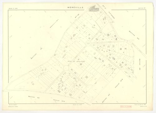 Plans minutes de conservation : MEREVILLE : tableau d'assemblage, ech. 1/10000 (1962), sections B1, B2, C, D, AB, AC, AD, AE, AH, AI, AK, ech. 1/1000 (1962), sections AL, AM, AN, XC1, XC2, ZM, ZU, ZV, ZW, ZX, ZZ, ech. 1/2000 (1962), sections ZJ, ZK, ZL, Z