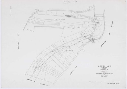 MEREVILLE, plans minutes de conservation : tableau d'assemblage, 1962, Ech. 1/10000 ; plans des sections B1, B2, C, D, AB, AC, AD, AE, AH, AI, AK, AN, 1962, Ech. 1/1000, sections AL, AM, XC1, XC2, ZJ, ZK, ZL, ZM, ZN, ZO, ZP, ZQ, ZR, ZS, ZT, ZU, ZV, ZW, ZX