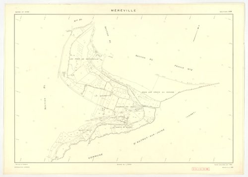 Plans minutes de conservation : MEREVILLE : tableau d'assemblage, ech. 1/10000 (1962), sections B1, B2, C, D, AB, AC, AD, AE, AH, AI, AK, ech. 1/1000 (1962), sections AL, AM, AN, XC1, XC2, ZM, ZU, ZV, ZW, ZX, ZZ, ech. 1/2000 (1962), sections ZJ, ZK, ZL, Z