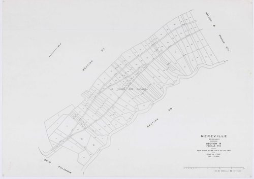 MEREVILLE, plans minutes de conservation : tableau d'assemblage, 1962, Ech. 1/10000 ; plans des sections B1, B2, C, D, AB, AC, AD, AE, AH, AI, AK, AN, 1962, Ech. 1/1000, sections AL, AM, XC1, XC2, ZJ, ZK, ZL, ZM, ZN, ZO, ZP, ZQ, ZR, ZS, ZT, ZU, ZV, ZW, ZX