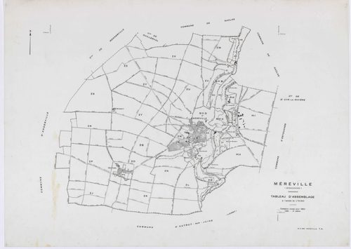 MEREVILLE, plans minutes de conservation : tableau d'assemblage, 1962, Ech. 1/10000 ; plans des sections B1, B2, C, D, AB, AC, AD, AE, AH, AI, AK, AN, 1962, Ech. 1/1000, sections AL, AM, XC1, XC2, ZJ, ZK, ZL, ZM, ZN, ZO, ZP, ZQ, ZR, ZS, ZT, ZU, ZV, ZW, ZX
