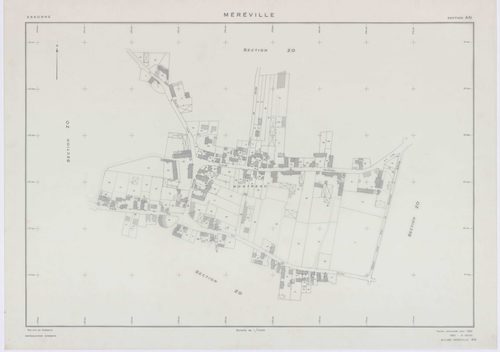 MEREVILLE, plans minutes de conservation : tableau d'assemblage, 1962, Ech. 1/10000 ; plans des sections B1, B2, C, D, AB, AC, AD, AE, AH, AI, AK, AN, 1962, Ech. 1/1000, sections AL, AM, XC1, XC2, ZJ, ZK, ZL, ZM, ZN, ZO, ZP, ZQ, ZR, ZS, ZT, ZU, ZV, ZW, ZX