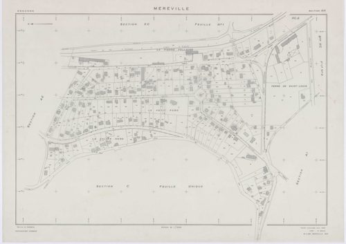 MEREVILLE, plans minutes de conservation : tableau d'assemblage, 1962, Ech. 1/10000 ; plans des sections B1, B2, C, D, AB, AC, AD, AE, AH, AI, AK, AN, 1962, Ech. 1/1000, sections AL, AM, XC1, XC2, ZJ, ZK, ZL, ZM, ZN, ZO, ZP, ZQ, ZR, ZS, ZT, ZU, ZV, ZW, ZX