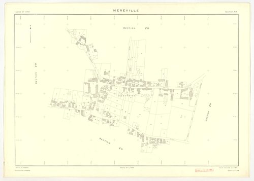 Plans minutes de conservation : MEREVILLE : tableau d'assemblage, ech. 1/10000 (1962), sections B1, B2, C, D, AB, AC, AD, AE, AH, AI, AK, ech. 1/1000 (1962), sections AL, AM, AN, XC1, XC2, ZM, ZU, ZV, ZW, ZX, ZZ, ech. 1/2000 (1962), sections ZJ, ZK, ZL, Z