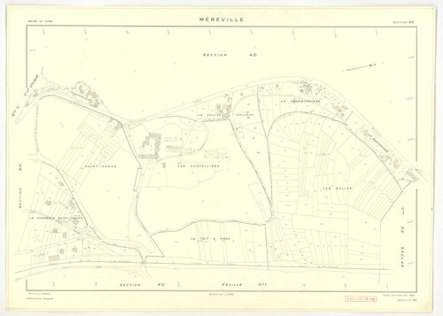 Plans minutes de conservation : MEREVILLE : tableau d'assemblage, ech. 1/10000 (1962), sections B1, B2, C, D, AB, AC, AD, AE, AH, AI, AK, ech. 1/1000 (1962), sections AL, AM, AN, XC1, XC2, ZM, ZU, ZV, ZW, ZX, ZZ, ech. 1/2000 (1962), sections ZJ, ZK, ZL, Z