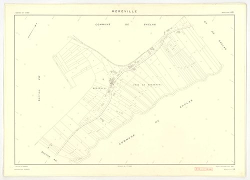 Plans minutes de conservation : MEREVILLE : tableau d'assemblage, ech. 1/10000 (1962), sections B1, B2, C, D, AB, AC, AD, AE, AH, AI, AK, ech. 1/1000 (1962), sections AL, AM, AN, XC1, XC2, ZM, ZU, ZV, ZW, ZX, ZZ, ech. 1/2000 (1962), sections ZJ, ZK, ZL, Z