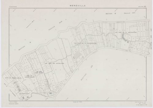 MEREVILLE, plans minutes de conservation : tableau d'assemblage, 1962, Ech. 1/10000 ; plans des sections B1, B2, C, D, AB, AC, AD, AE, AH, AI, AK, AN, 1962, Ech. 1/1000, sections AL, AM, XC1, XC2, ZJ, ZK, ZL, ZM, ZN, ZO, ZP, ZQ, ZR, ZS, ZT, ZU, ZV, ZW, ZX