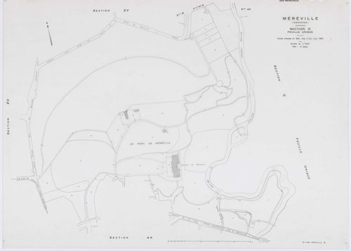 MEREVILLE, plans minutes de conservation : tableau d'assemblage, 1962, Ech. 1/10000 ; plans des sections B1, B2, C, D, AB, AC, AD, AE, AH, AI, AK, AN, 1962, Ech. 1/1000, sections AL, AM, XC1, XC2, ZJ, ZK, ZL, ZM, ZN, ZO, ZP, ZQ, ZR, ZS, ZT, ZU, ZV, ZW, ZX