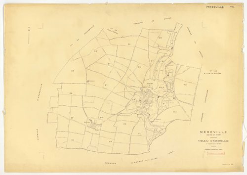 Plans minutes de conservation : MEREVILLE : tableau d'assemblage, ech. 1/10000 (1962), sections B1, B2, C, D, AB, AC, AD, AE, AH, AI, AK, ech. 1/1000 (1962), sections AL, AM, AN, XC1, XC2, ZM, ZU, ZV, ZW, ZX, ZZ, ech. 1/2000 (1962), sections ZJ, ZK, ZL, Z