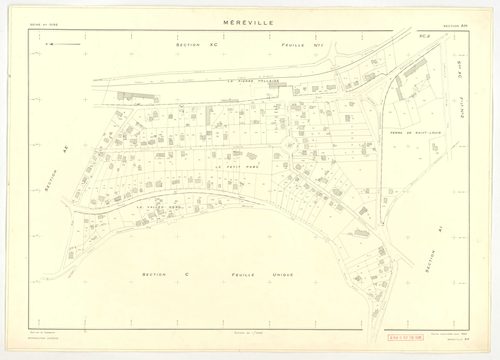 Plans minutes de conservation : MEREVILLE : tableau d'assemblage, ech. 1/10000 (1962), sections B1, B2, C, D, AB, AC, AD, AE, AH, AI, AK, ech. 1/1000 (1962), sections AL, AM, AN, XC1, XC2, ZM, ZU, ZV, ZW, ZX, ZZ, ech. 1/2000 (1962), sections ZJ, ZK, ZL, Z