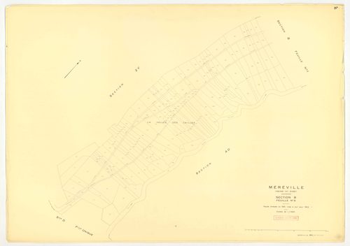 Plans minutes de conservation : MEREVILLE : tableau d'assemblage, ech. 1/10000 (1962), sections B1, B2, C, D, AB, AC, AD, AE, AH, AI, AK, ech. 1/1000 (1962), sections AL, AM, AN, XC1, XC2, ZM, ZU, ZV, ZW, ZX, ZZ, ech. 1/2000 (1962), sections ZJ, ZK, ZL, Z