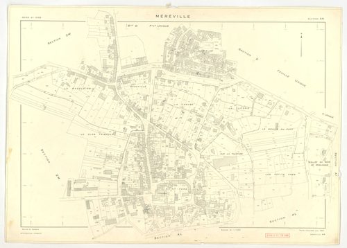 Plans minutes de conservation : MEREVILLE : tableau d'assemblage, ech. 1/10000 (1962), sections B1, B2, C, D, AB, AC, AD, AE, AH, AI, AK, ech. 1/1000 (1962), sections AL, AM, AN, XC1, XC2, ZM, ZU, ZV, ZW, ZX, ZZ, ech. 1/2000 (1962), sections ZJ, ZK, ZL, Z