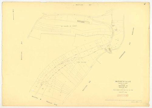 Plans minutes de conservation : MEREVILLE : tableau d'assemblage, ech. 1/10000 (1962), sections B1, B2, C, D, AB, AC, AD, AE, AH, AI, AK, ech. 1/1000 (1962), sections AL, AM, AN, XC1, XC2, ZM, ZU, ZV, ZW, ZX, ZZ, ech. 1/2000 (1962), sections ZJ, ZK, ZL, Z