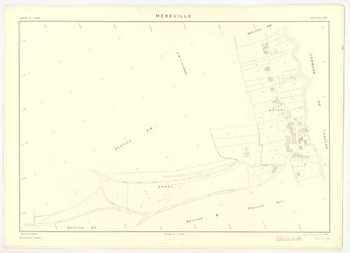 Plans minutes de conservation : MEREVILLE : tableau d'assemblage, ech. 1/10000 (1962), sections B1, B2, C, D, AB, AC, AD, AE, AH, AI, AK, ech. 1/1000 (1962), sections AL, AM, AN, XC1, XC2, ZM, ZU, ZV, ZW, ZX, ZZ, ech. 1/2000 (1962), sections ZJ, ZK, ZL, Z
