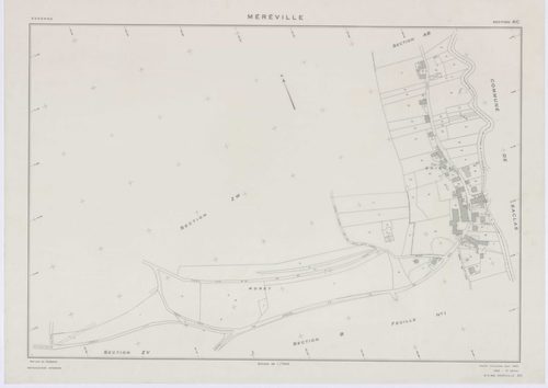 MEREVILLE, plans minutes de conservation : tableau d'assemblage, 1962, Ech. 1/10000 ; plans des sections B1, B2, C, D, AB, AC, AD, AE, AH, AI, AK, AN, 1962, Ech. 1/1000, sections AL, AM, XC1, XC2, ZJ, ZK, ZL, ZM, ZN, ZO, ZP, ZQ, ZR, ZS, ZT, ZU, ZV, ZW, ZX