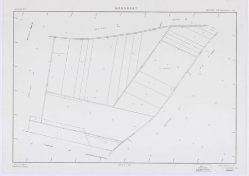 MEROBERT, plans minutes de conservation : tableau d'assemblage, 1938, Ech. 1/10000 ; plans des section C1, 1938, Ech. 1/1250, section P, 1957, Ech. 1/2000, sections ZC, ZD, ZE, ZH, ZI, ZK, ZL, ZM, 1994, Ech. 1/2000. Polyester. N et B. Dim. 105 x 80 cm [11