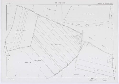 MEROBERT, plans minutes de conservation : tableau d'assemblage, 1938, Ech. 1/10000 ; plans des section C1, 1938, Ech. 1/1250, section P, 1957, Ech. 1/2000, sections ZC, ZD, ZE, ZH, ZI, ZK, ZL, ZM, 1994, Ech. 1/2000. Polyester. N et B. Dim. 105 x 80 cm [11