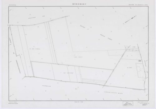 MEROBERT, plans minutes de conservation : tableau d'assemblage, 1938, Ech. 1/10000 ; plans des section C1, 1938, Ech. 1/1250, section P, 1957, Ech. 1/2000, sections ZC, ZD, ZE, ZH, ZI, ZK, ZL, ZM, 1994, Ech. 1/2000. Polyester. N et B. Dim. 105 x 80 cm [11