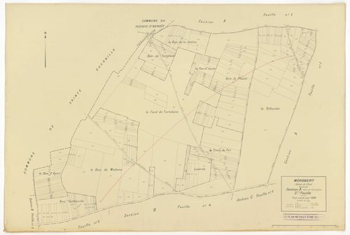 Plans minutes de conservation : MEROBERT : tableau d'assemblage n°1, ech. 1/10000 (1938), sections C1, B2, B3, B4, B5, B6, ech. 1/1250 (1938), sections A1, A2, C2, B1, ech. 1/2500 (1938) ; tableau d'assemblage n°2, ech. 1/10000 (1938-1957), sections A1, B