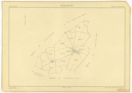 Plans minutes de conservation : MEROBERT : tableau d'assemblage n°1, ech. 1/10000 (1938), sections C1, B2, B3, B4, B5, B6, ech. 1/1250 (1938), sections A1, A2, C2, B1, ech. 1/2500 (1938) ; tableau d'assemblage n°2, ech. 1/10000 (1938-1957), sections A1, B