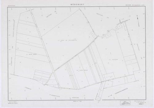 MEROBERT, plans minutes de conservation : tableau d'assemblage, 1938, Ech. 1/10000 ; plans des section C1, 1938, Ech. 1/1250, section P, 1957, Ech. 1/2000, sections ZC, ZD, ZE, ZH, ZI, ZK, ZL, ZM, 1994, Ech. 1/2000. Polyester. N et B. Dim. 105 x 80 cm [11