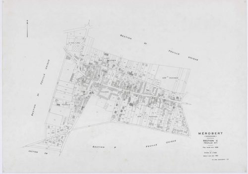 MEROBERT, plans minutes de conservation : tableau d'assemblage, 1938, Ech. 1/10000 ; plans des section C1, 1938, Ech. 1/1250, section P, 1957, Ech. 1/2000, sections ZC, ZD, ZE, ZH, ZI, ZK, ZL, ZM, 1994, Ech. 1/2000. Polyester. N et B. Dim. 105 x 80 cm [11
