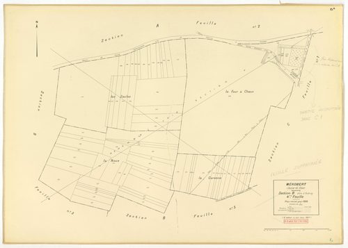 Plans minutes de conservation : MEROBERT : tableau d'assemblage n°1, ech. 1/10000 (1938), sections C1, B2, B3, B4, B5, B6, ech. 1/1250 (1938), sections A1, A2, C2, B1, ech. 1/2500 (1938) ; tableau d'assemblage n°2, ech. 1/10000 (1938-1957), sections A1, B