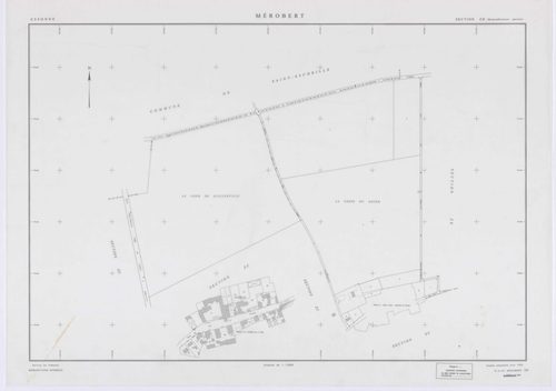MEROBERT, plans minutes de conservation : tableau d'assemblage, 1938, Ech. 1/10000 ; plans des section C1, 1938, Ech. 1/1250, section P, 1957, Ech. 1/2000, sections ZC, ZD, ZE, ZH, ZI, ZK, ZL, ZM, 1994, Ech. 1/2000. Polyester. N et B. Dim. 105 x 80 cm [11