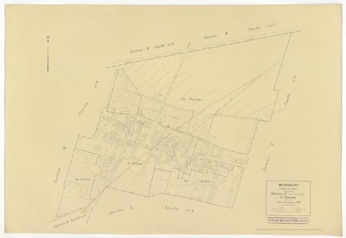 Plans minutes de conservation : MEROBERT : tableau d'assemblage n°1, ech. 1/10000 (1938), sections C1, B2, B3, B4, B5, B6, ech. 1/1250 (1938), sections A1, A2, C2, B1, ech. 1/2500 (1938) ; tableau d'assemblage n°2, ech. 1/10000 (1938-1957), sections A1, B