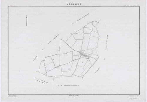 MEROBERT, plans minutes de conservation : tableau d'assemblage, 1938, Ech. 1/10000 ; plans des section C1, 1938, Ech. 1/1250, section P, 1957, Ech. 1/2000, sections ZC, ZD, ZE, ZH, ZI, ZK, ZL, ZM, 1994, Ech. 1/2000. Polyester. N et B. Dim. 105 x 80 cm [11