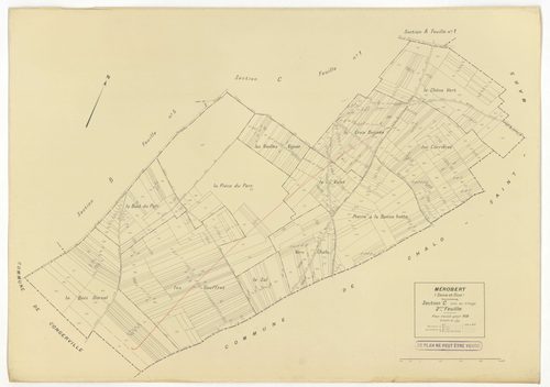 Plans minutes de conservation : MEROBERT : tableau d'assemblage n°1, ech. 1/10000 (1938), sections C1, B2, B3, B4, B5, B6, ech. 1/1250 (1938), sections A1, A2, C2, B1, ech. 1/2500 (1938) ; tableau d'assemblage n°2, ech. 1/10000 (1938-1957), sections A1, B