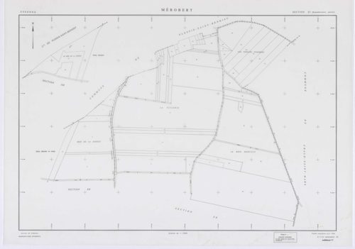 MEROBERT, plans minutes de conservation : tableau d'assemblage, 1938, Ech. 1/10000 ; plans des section C1, 1938, Ech. 1/1250, section P, 1957, Ech. 1/2000, sections ZC, ZD, ZE, ZH, ZI, ZK, ZL, ZM, 1994, Ech. 1/2000. Polyester. N et B. Dim. 105 x 80 cm [11