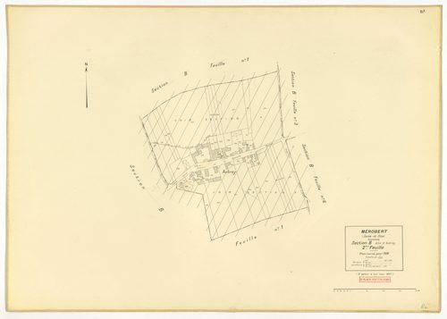 Plans minutes de conservation : MEROBERT : tableau d'assemblage n°1, ech. 1/10000 (1938), sections C1, B2, B3, B4, B5, B6, ech. 1/1250 (1938), sections A1, A2, C2, B1, ech. 1/2500 (1938) ; tableau d'assemblage n°2, ech. 1/10000 (1938-1957), sections A1, B
