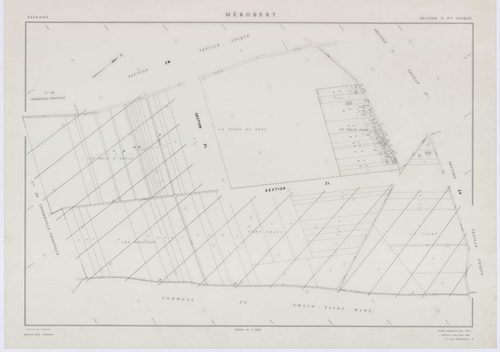 MEROBERT, plans minutes de conservation : tableau d'assemblage, 1938, Ech. 1/10000 ; plans des section C1, 1938, Ech. 1/1250, section P, 1957, Ech. 1/2000, sections ZC, ZD, ZE, ZH, ZI, ZK, ZL, ZM, 1994, Ech. 1/2000. Polyester. N et B. Dim. 105 x 80 cm [11