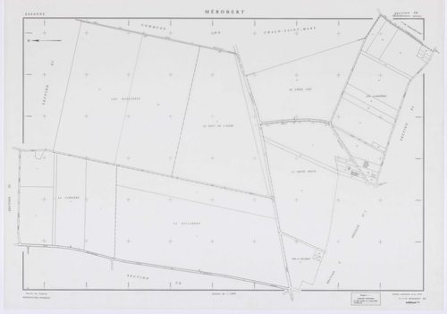 MEROBERT, plans minutes de conservation : tableau d'assemblage, 1938, Ech. 1/10000 ; plans des section C1, 1938, Ech. 1/1250, section P, 1957, Ech. 1/2000, sections ZC, ZD, ZE, ZH, ZI, ZK, ZL, ZM, 1994, Ech. 1/2000. Polyester. N et B. Dim. 105 x 80 cm [11