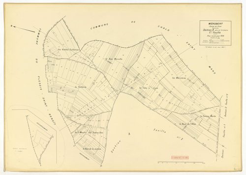 Plans minutes de conservation : MEROBERT : tableau d'assemblage n°1, ech. 1/10000 (1938), sections C1, B2, B3, B4, B5, B6, ech. 1/1250 (1938), sections A1, A2, C2, B1, ech. 1/2500 (1938) ; tableau d'assemblage n°2, ech. 1/10000 (1938-1957), sections A1, B